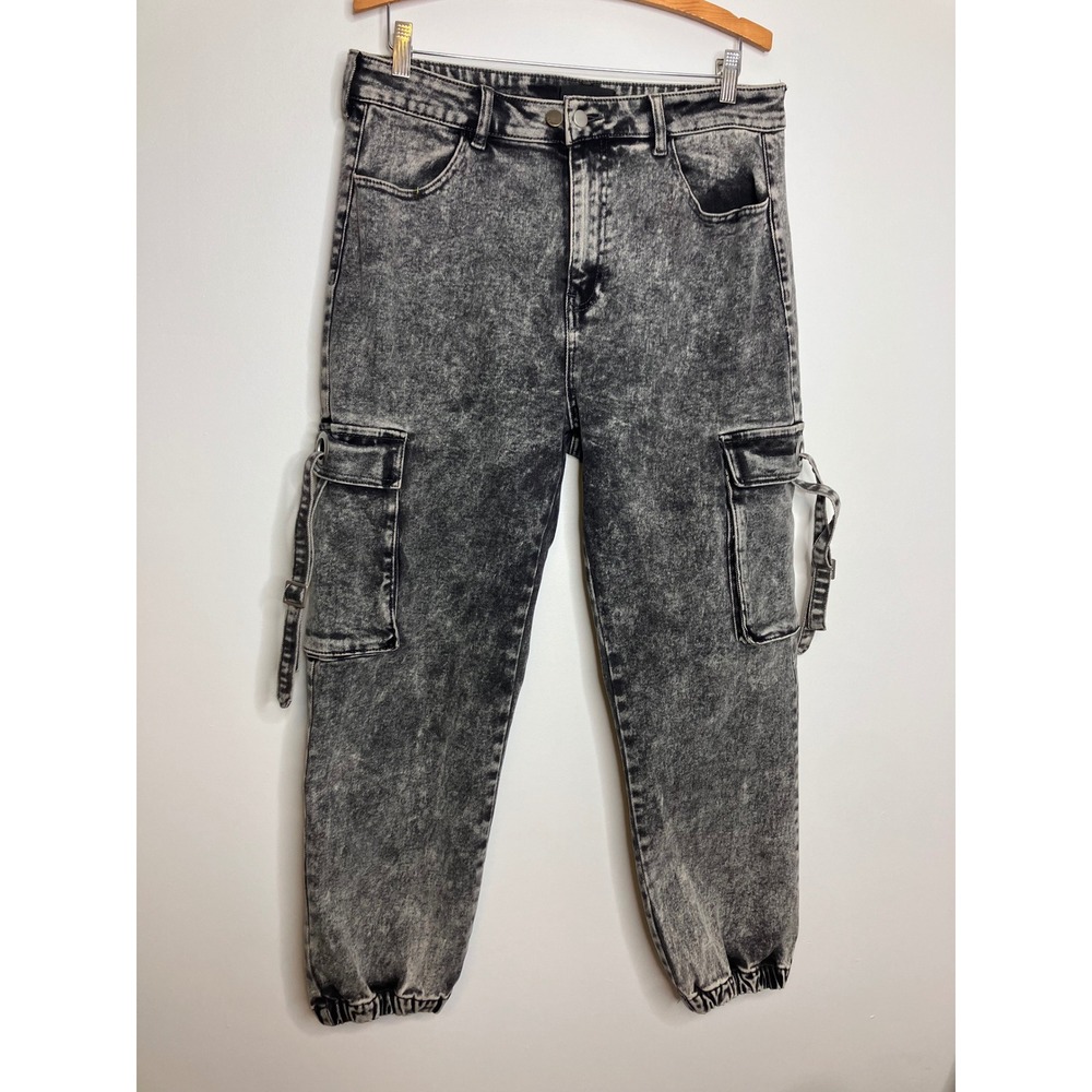 Fashion Nova Cargo Jogger Jeans Women 13 Gray Excellent Acid Wash Buckle Straps